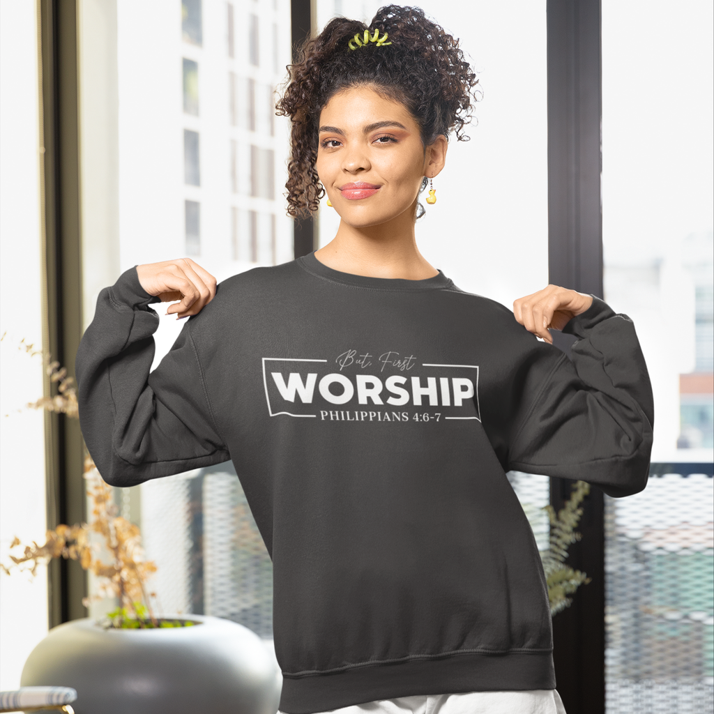 But first, worship Unisex Premium Crewneck Sweatshirt - GladEyze Apparel